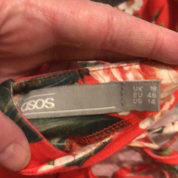 ASOS Mini Sundress With Lace-Up Back and Peplum Hem Red Floral 14 - Picture 6 of 7